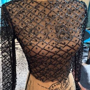 Sheer Black Beaded Mesh Long Sleeve Top